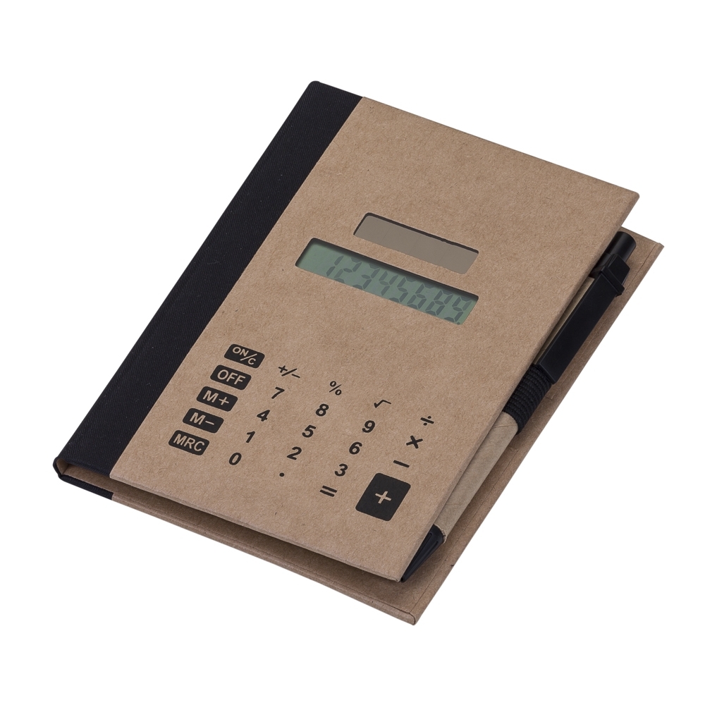 Bloco de anotações com post-it e calculadora 15,7 cm x 11,7 cm x Caneta 14 cm x 1,5 cm