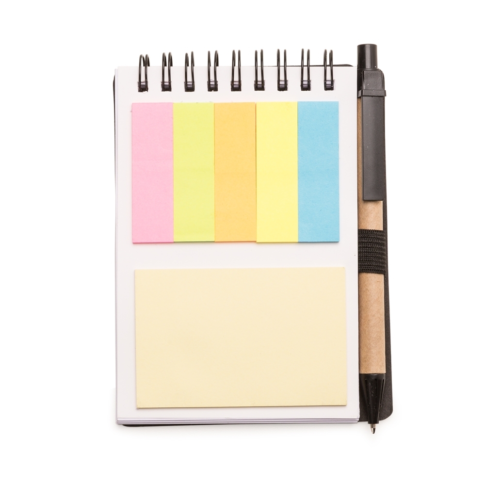 Bloco de anotações com post-it e caneta 14 cm x 10,4 cm – Caneta 13,9 cm x 1,3 cm