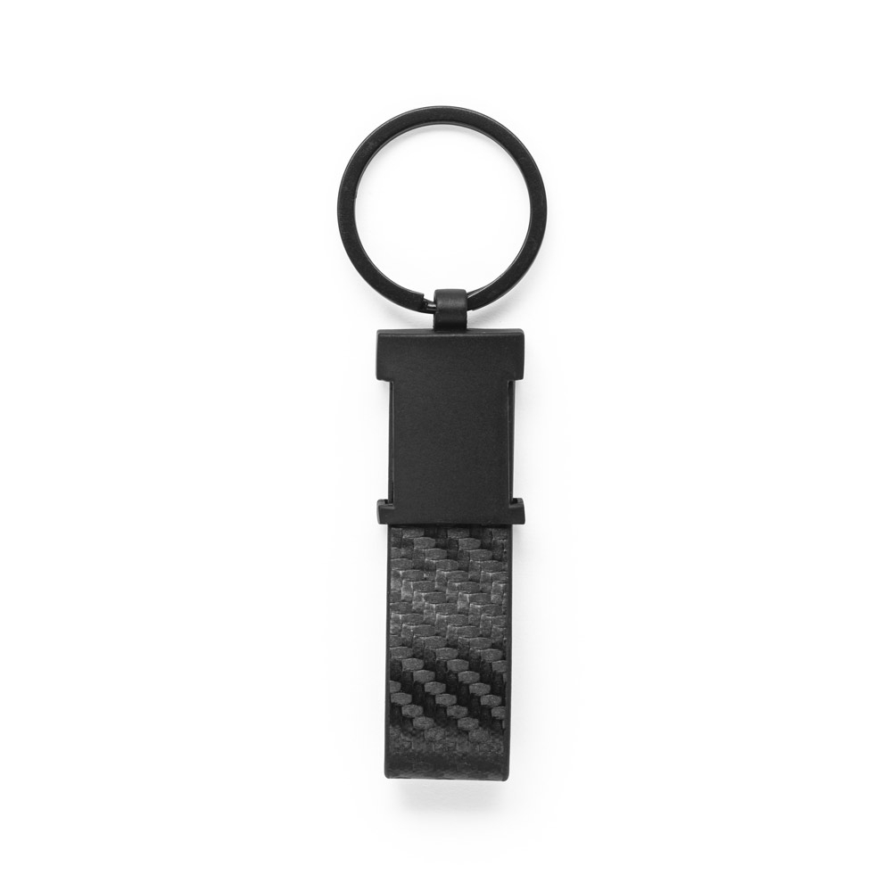 Chaveiro em couro sintético com textura em fibra de carbono e metal