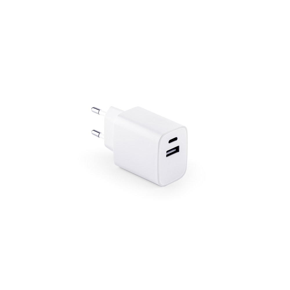 Adaptador de corrente com porta USB-A 18W e USB-C 20W em ABS 100% reciclado