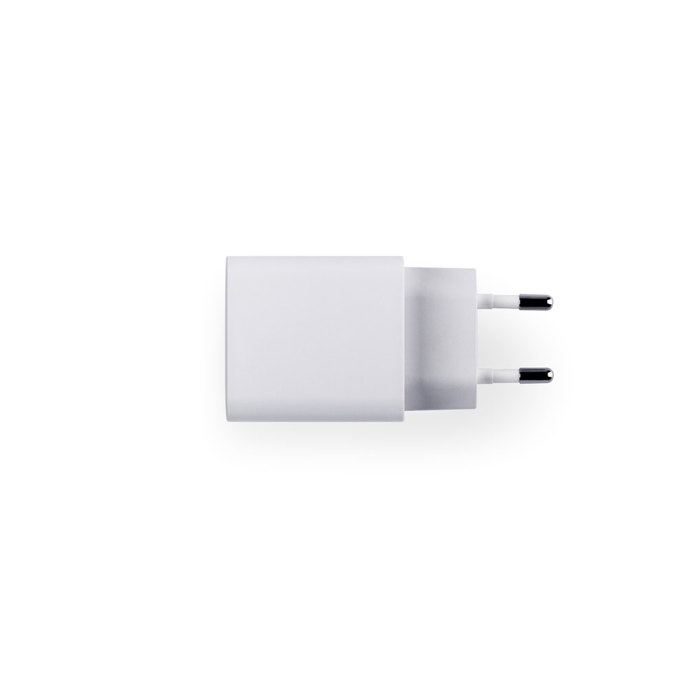 Adaptador de corrente com porta USB-A 18W e USB-C 20W em ABS 100% reciclado