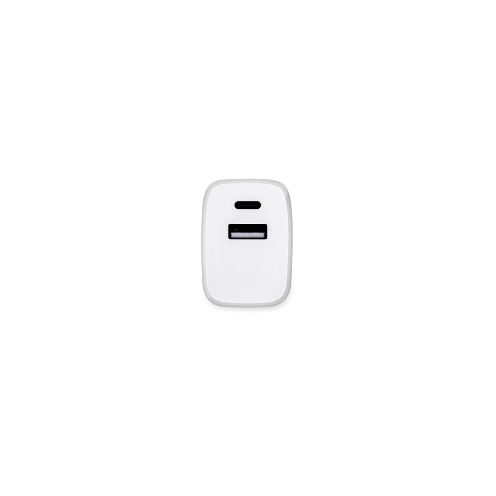 Adaptador de corrente com porta USB-A 18W e USB-C 20W em ABS 100% reciclado